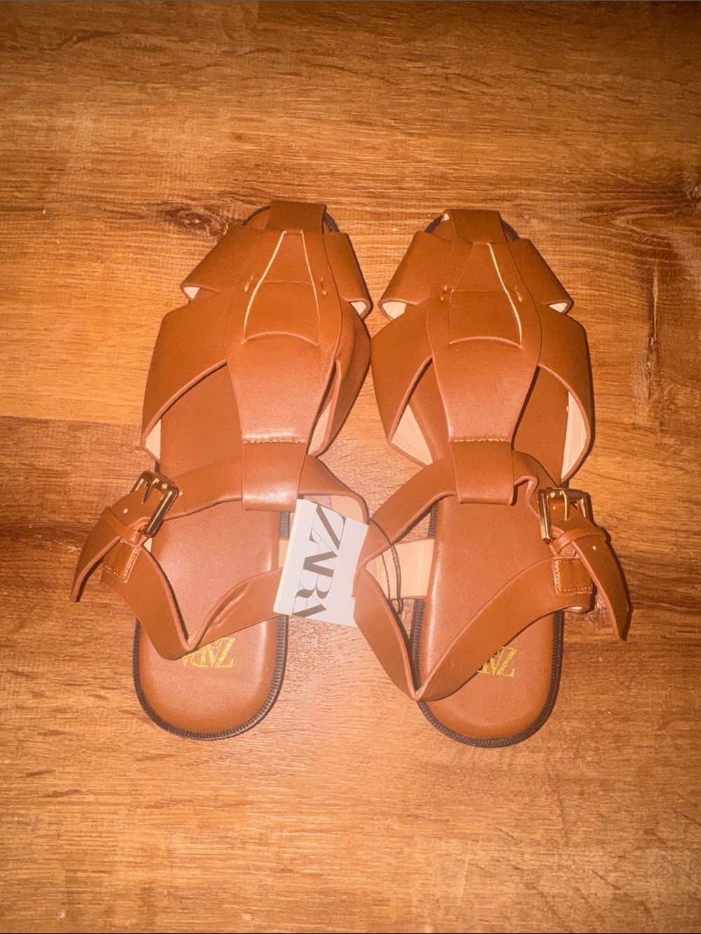 NWT Zara Brown Leather Fisherman Cage Gladiator Flat Sandals